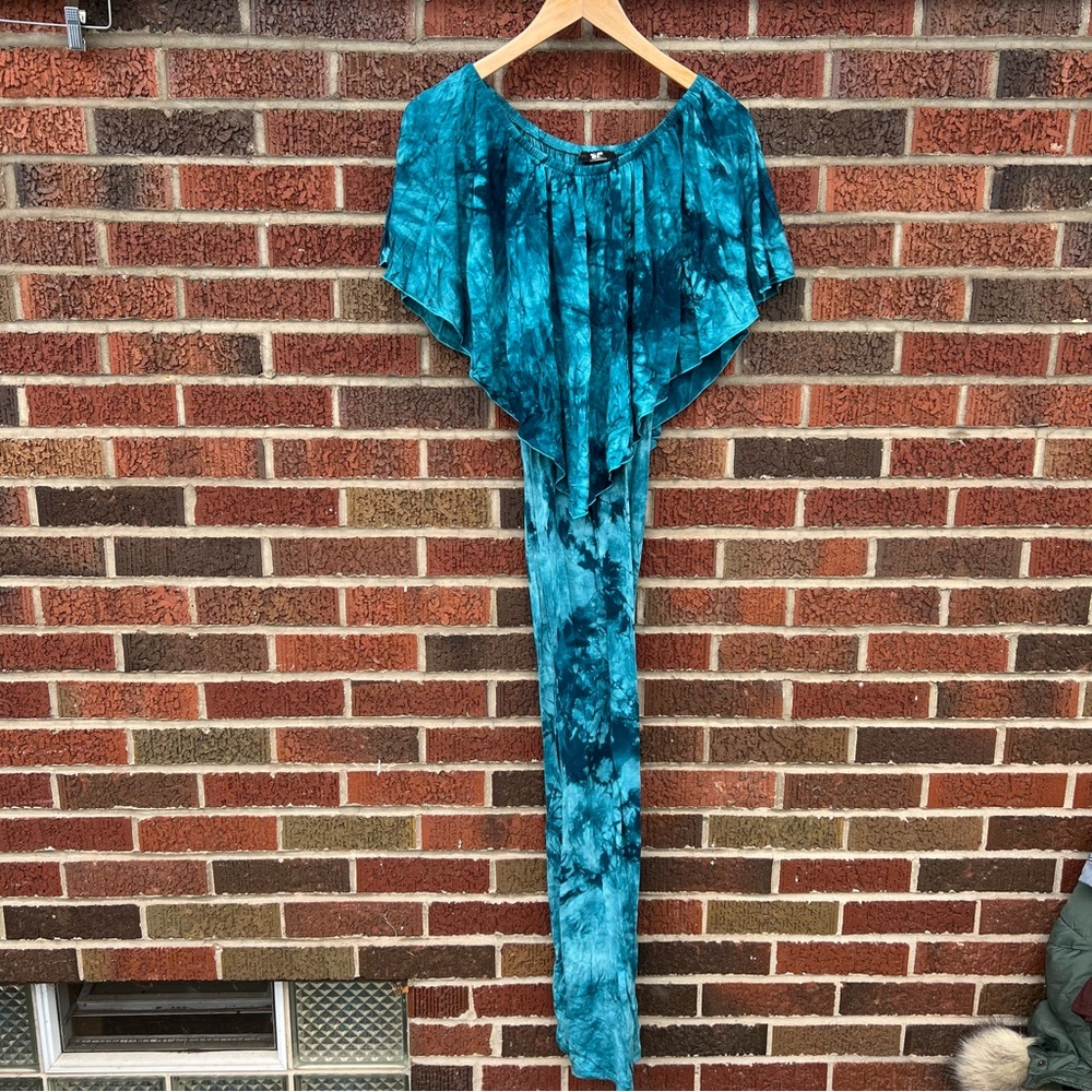 Culture Phit Light Blue and Dark Blue Tie Dye Flounce Off the Shoulder Dress